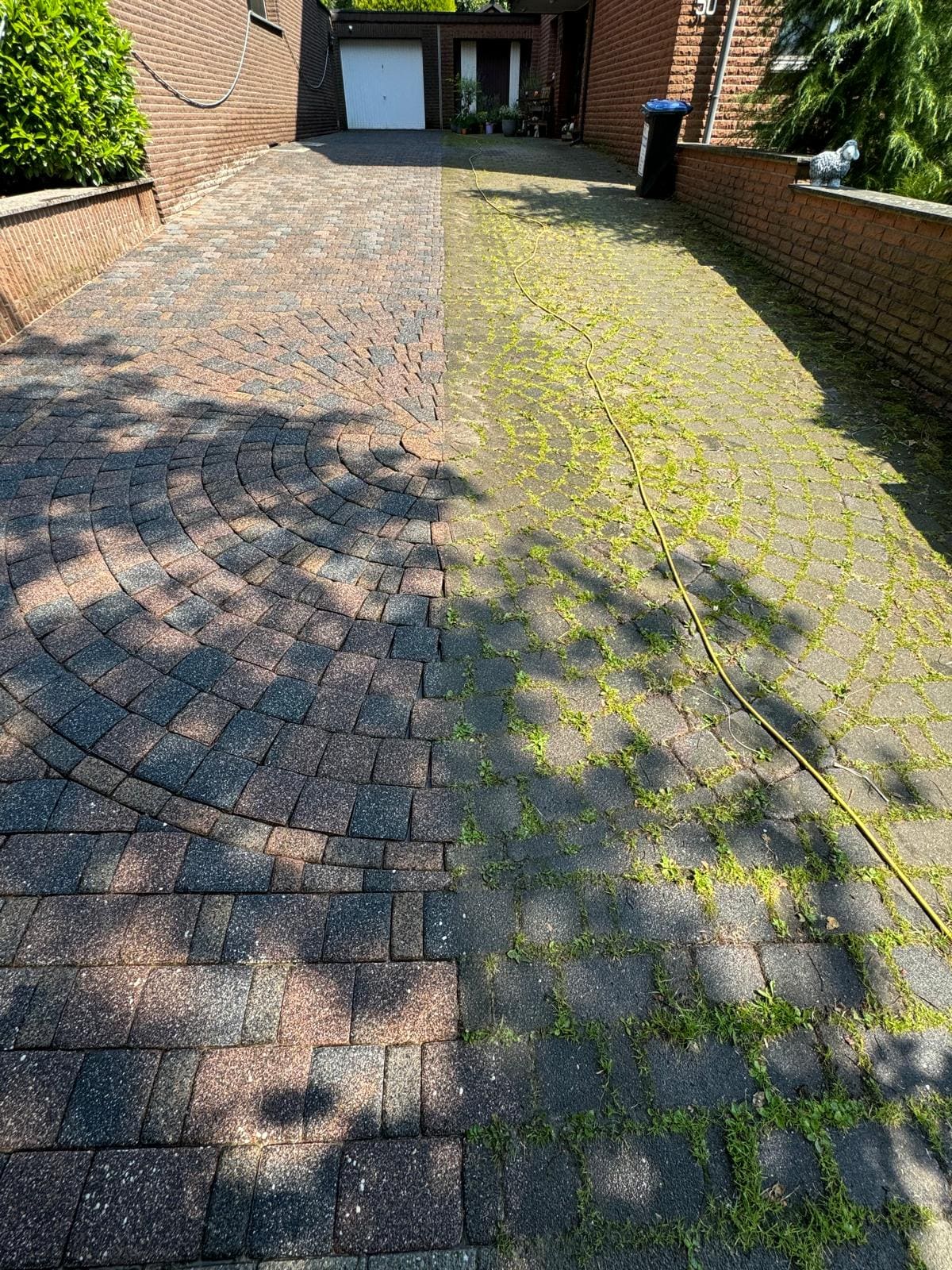 Gepflasterte Einfahrt: eine Hälfte moosig und verschmutzt, die andere Hälfte professionell gereinigt. Ein einziges Foto zeigt beide Zustände.
