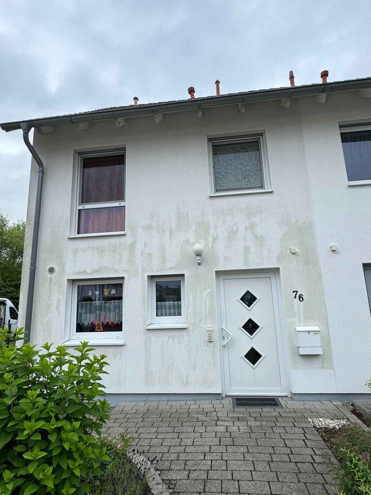 Hausfassade vor der Reinigung: deutliche grüne Algenstreifen zwischen den Fenstern